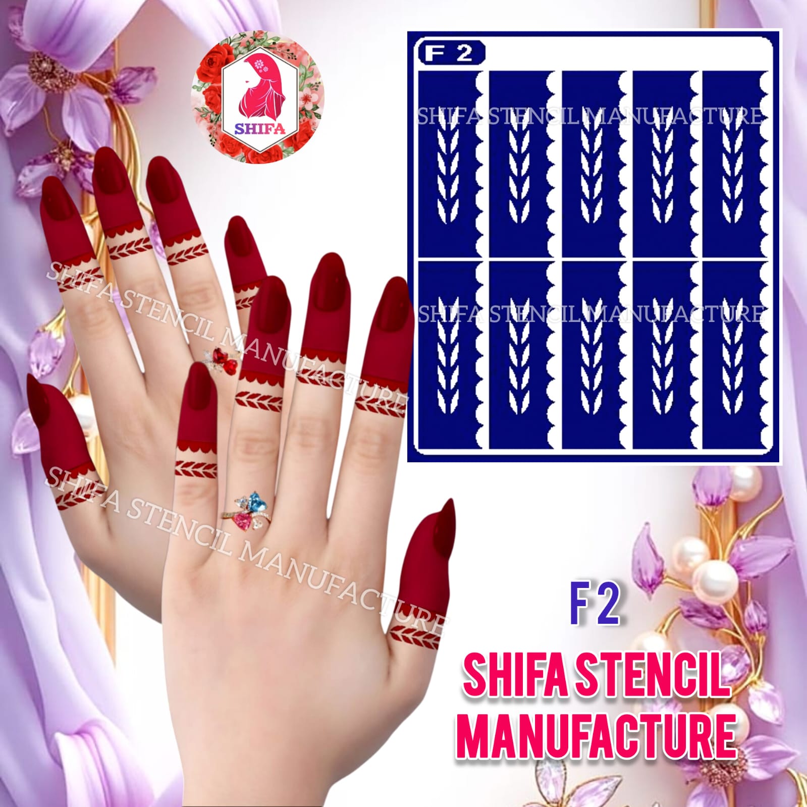 F 2 Leaf Trail Elegance Sticker Overview Henna Stencil - Shifa Stencil